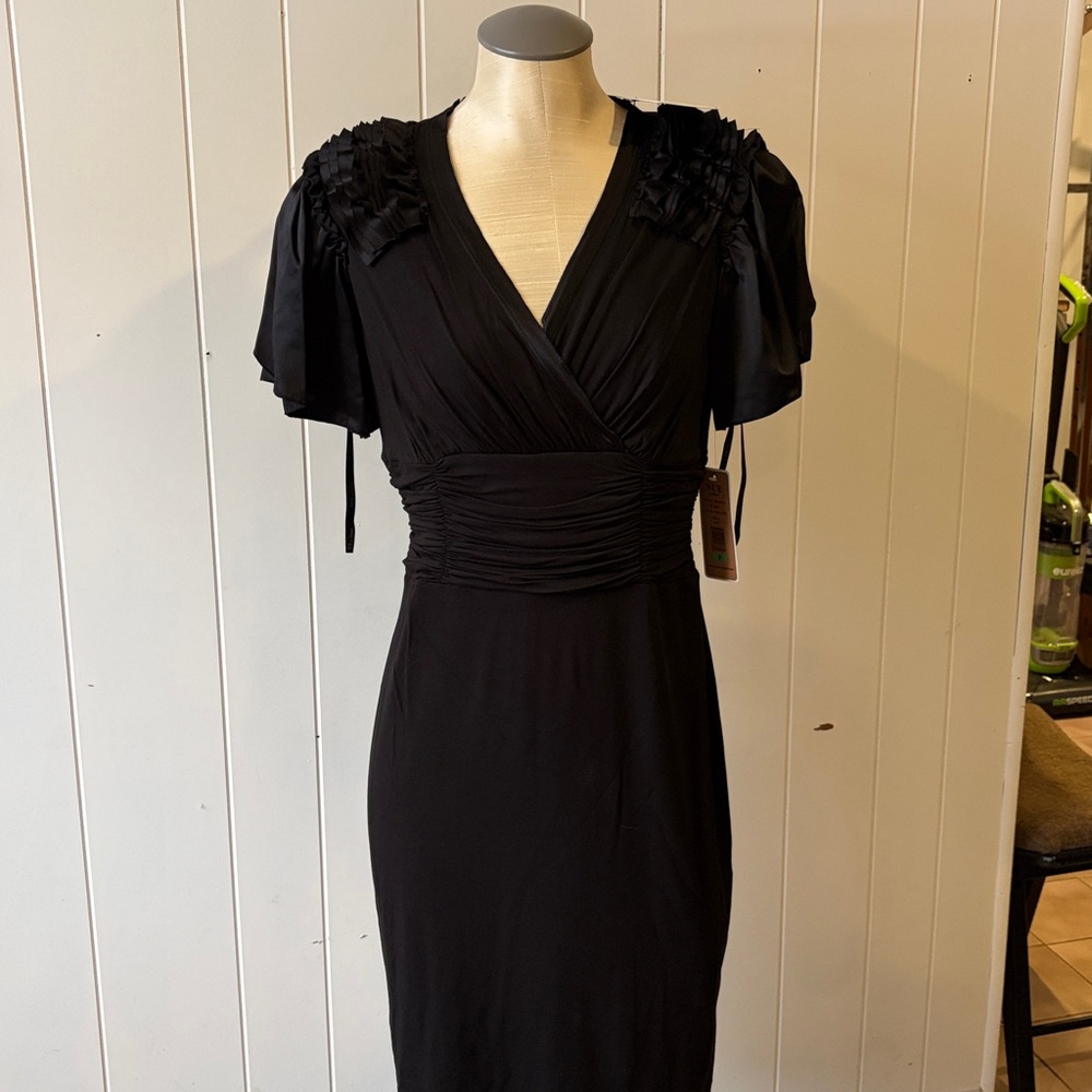 Nue by Shani Black Short Sleeve Midi Dress with Ruffled Shoulders NWT